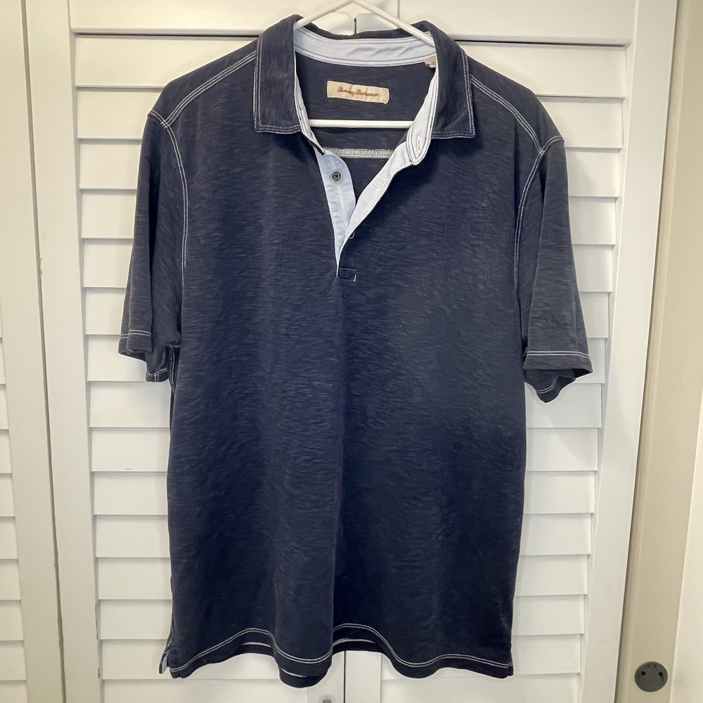 Tommy Bahama Navy Slub‎ Polo Shirt XL Contrast Collar Modal Polyester Blend